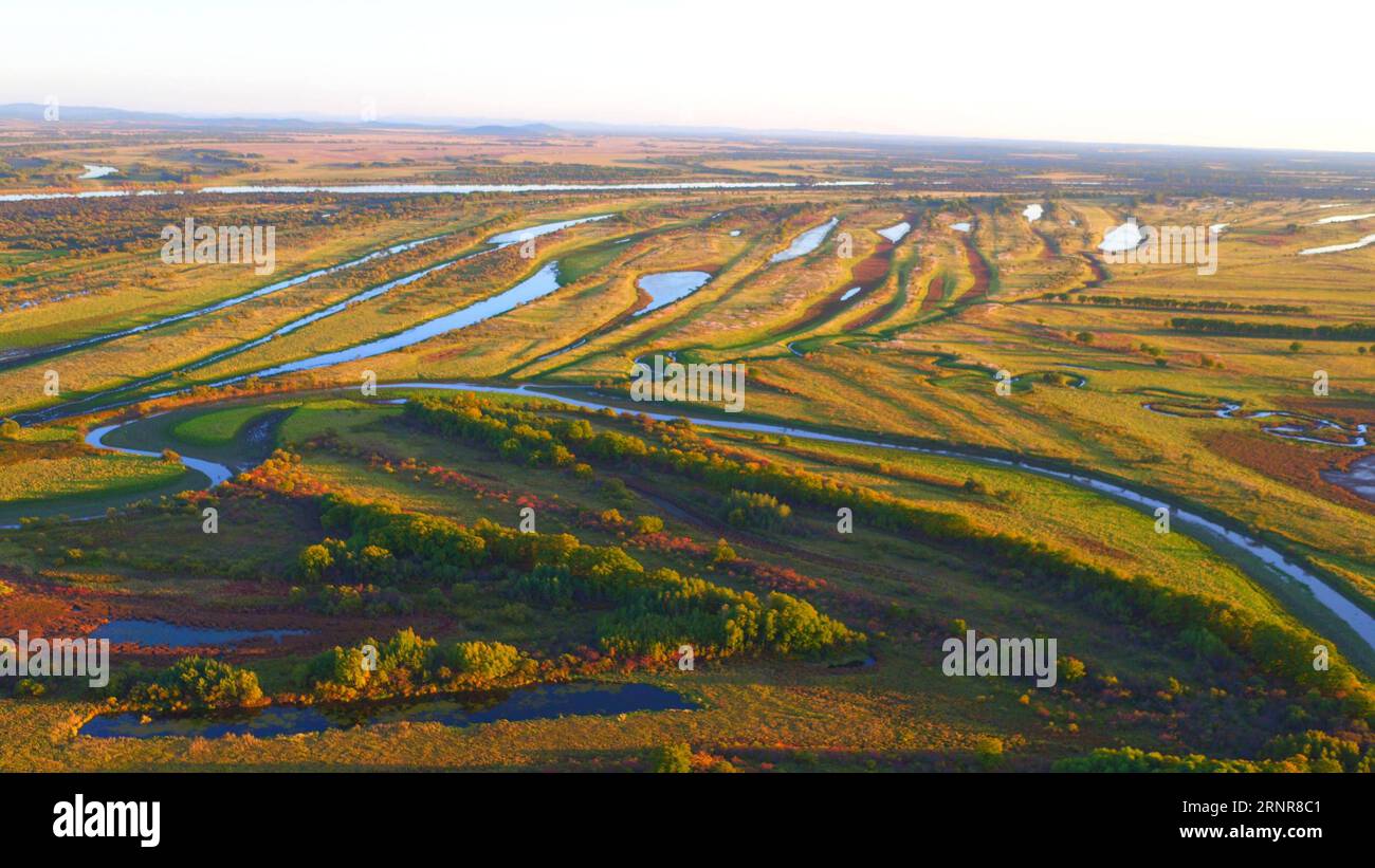 (170922) -- HULIN, 22 settembre 2017 -- foto scattata il 21 settembre 2017 mostra lo scenario della zona umida dell'isola di Zhenbao a Hulin, nella provincia di Heilongjiang nella Cina nordorientale. L'autunno ha dipinto la zona umida come un luogo multicolore. (lfj) CINA-HEILONGJIANG-ZONA UMIDA-AUTUNNO (CN) WangxJianwei PUBLICATIONxNOTxINxCHN Foto Stock