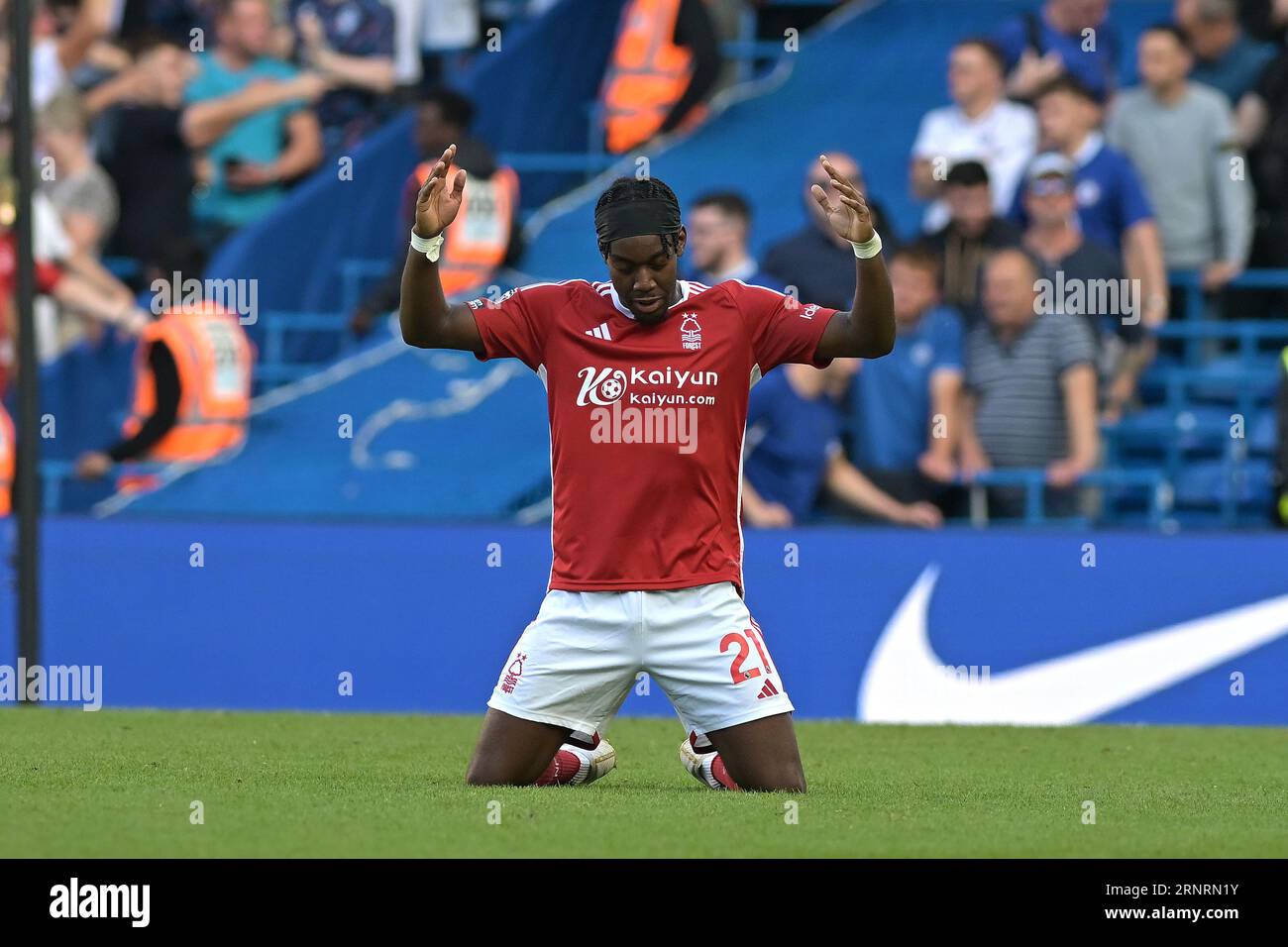 Londra, Regno Unito. 2 settembre 2023. Anthony Elanga del Nottingham Forest celebra la vittoria durante la partita Chelsea vs Nottingham Forest Premier League allo Stamford Bridge London Credit: MARTIN DALTON/Alamy Live News Foto Stock