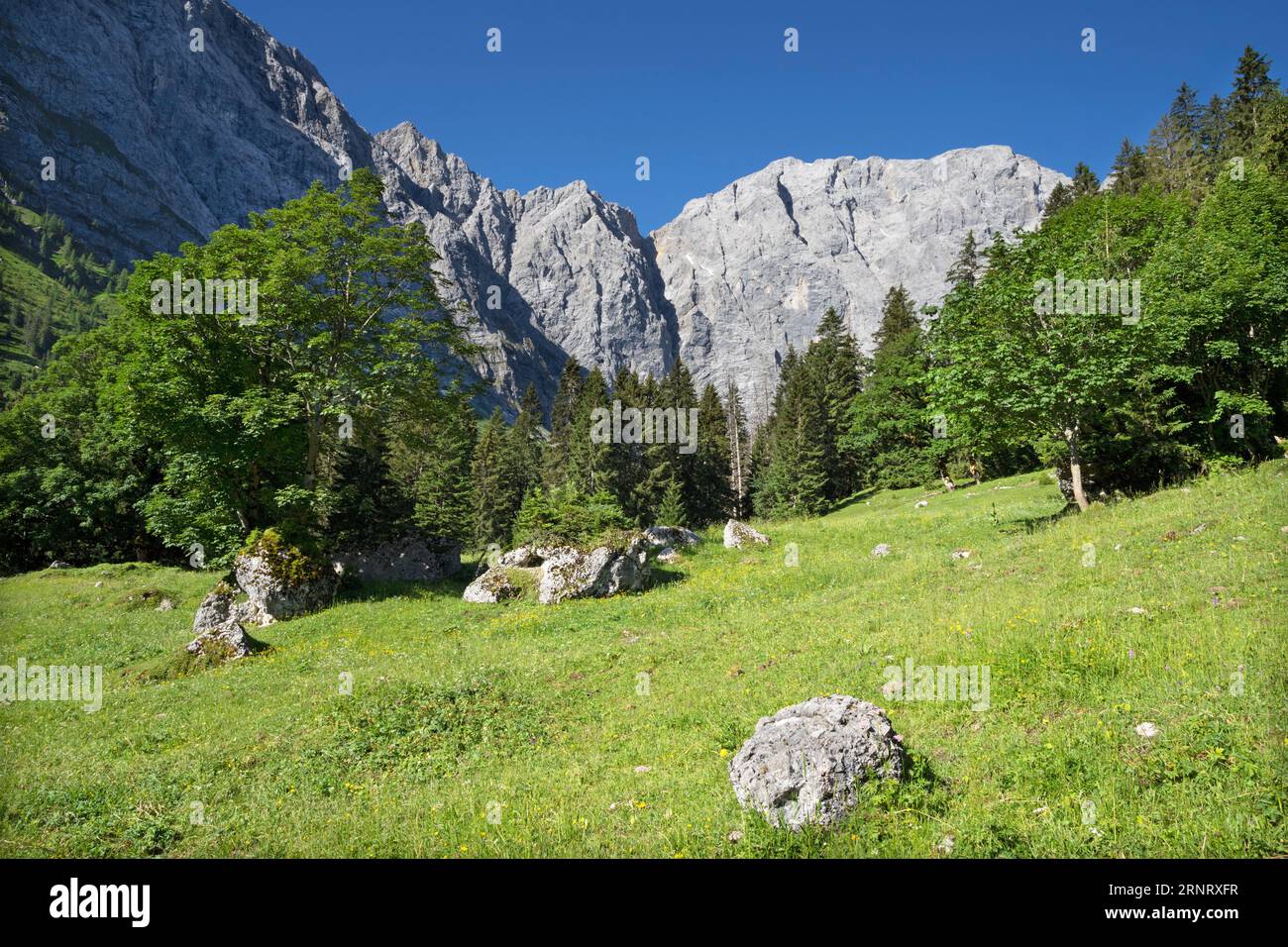 Le pareti nord dei monti Karwendel - le mura di Grubenkar spitze. Foto Stock