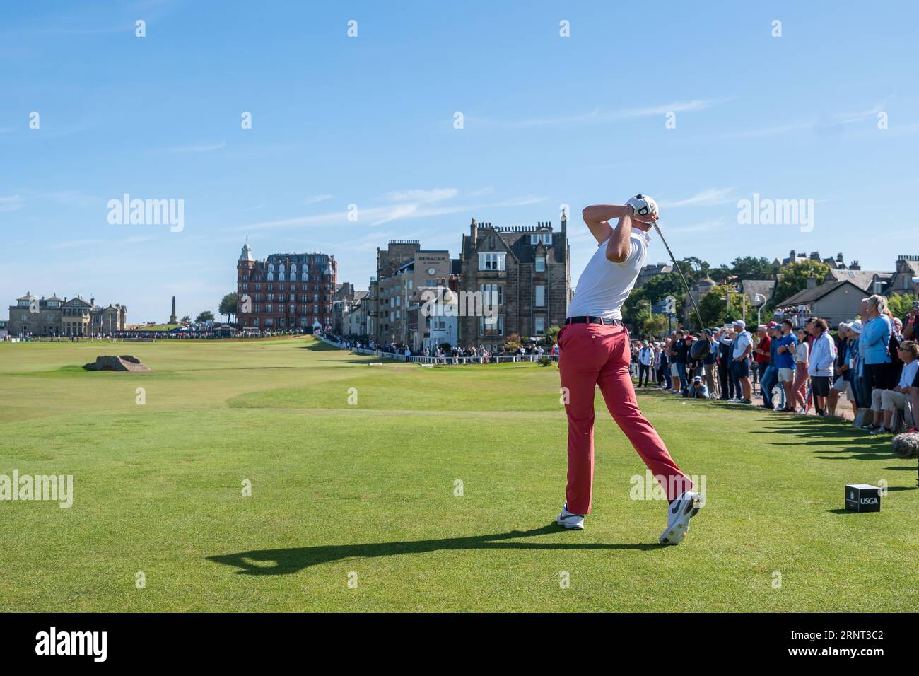 St Andrews, Scozia. 2 settembre 2023. Preston Summerhays della squadra USA durante il primo turno di partite singole della Walker Cup 2023. Foto Stock