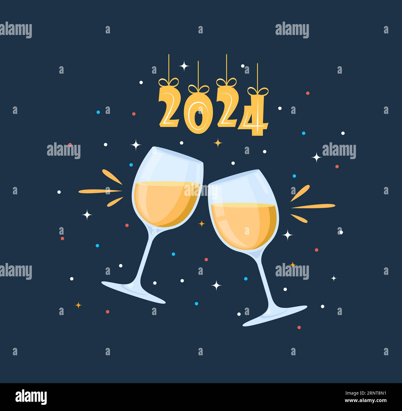 Occhiali Clink. Bevande al vino Clink, festa di festa. Festeggiamo il nuovo anno 2024. Appendere numeri d'oro con nastri, firecrackers, coriandoli, fuochi d'artificio. Nuovo Illustrazione Vettoriale