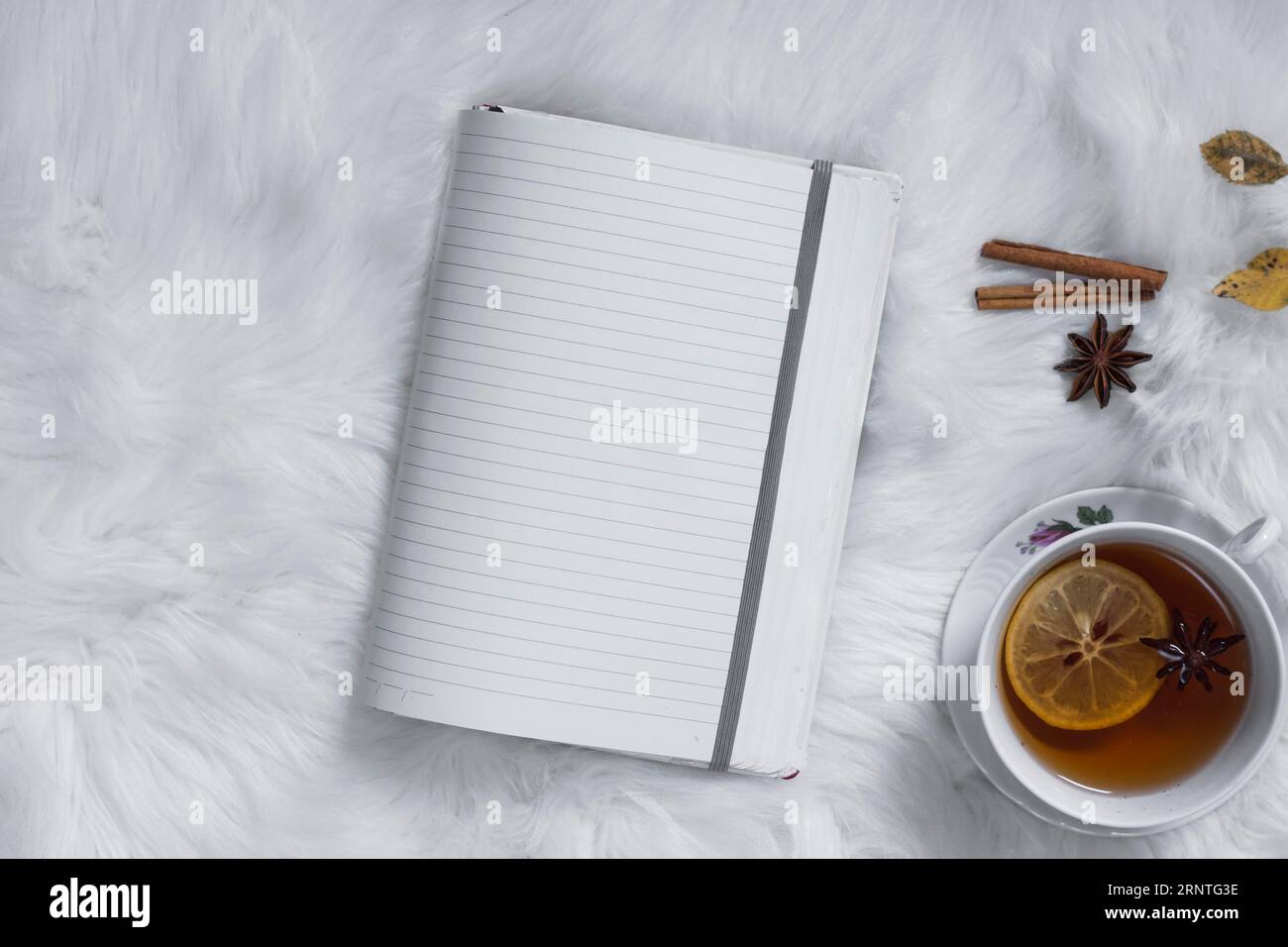 Tatime con notebook vuoto aperto Foto Stock