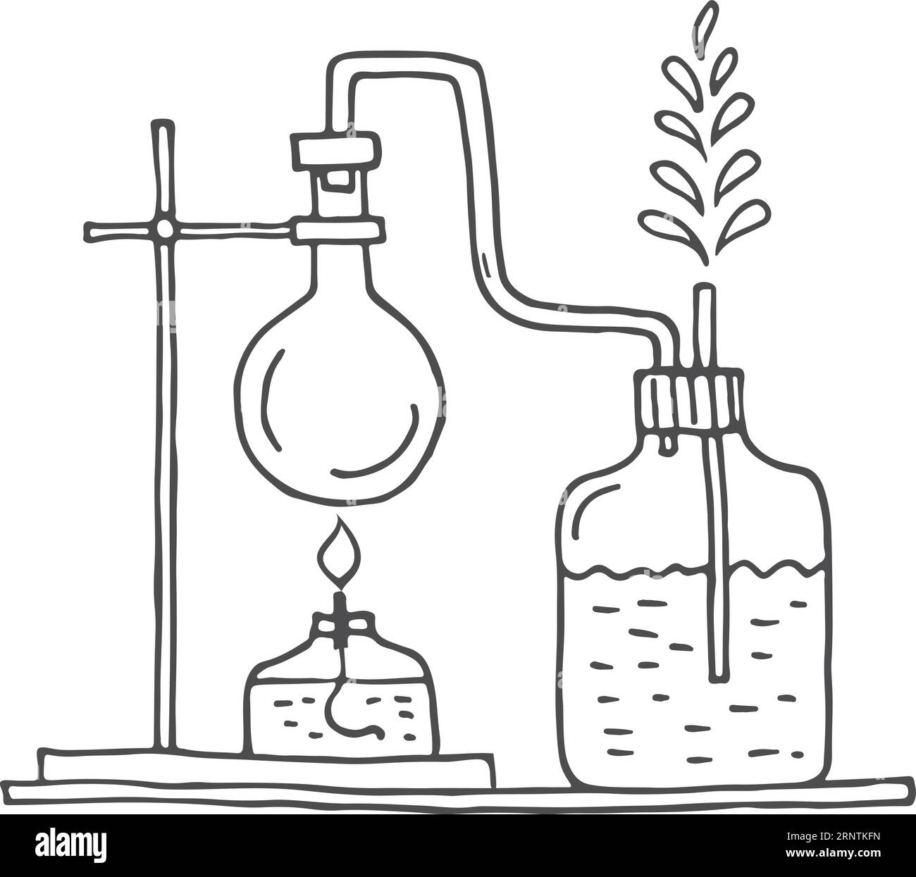 Schizzo dell'esperimento chimico. Studio di laboratorio disegnato a mano Illustrazione Vettoriale