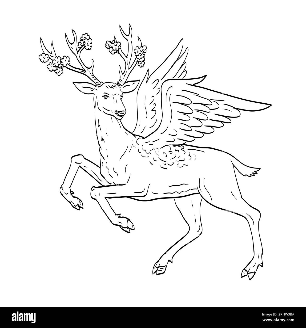 Disegno illustrativo di uno Snawfus, nel folklore dell'Arkansas, un cervo bianco con rami di prugna o legno di prugna in piena fioritura per palchi fatti in medieva Foto Stock