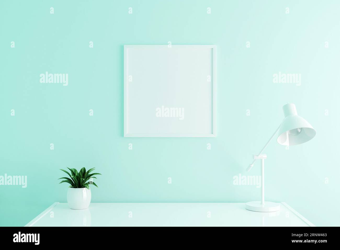 Mockup con cornice a poster quadrata bianca su un tavolo da lavoro all'interno del soggiorno su sfondo bianco vuoto. Rendering 3D. Foto Stock
