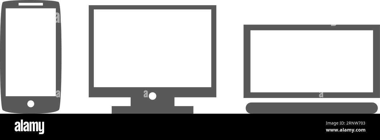 Icone del dispositivo. Telefono cellulare con computer portatile e pc Illustrazione Vettoriale