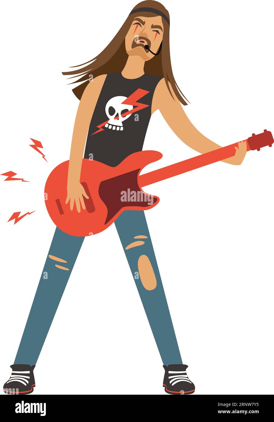 Il musicista rock suona la chitarra elettrica. Personaggio dei cartoni animati Illustrazione Vettoriale