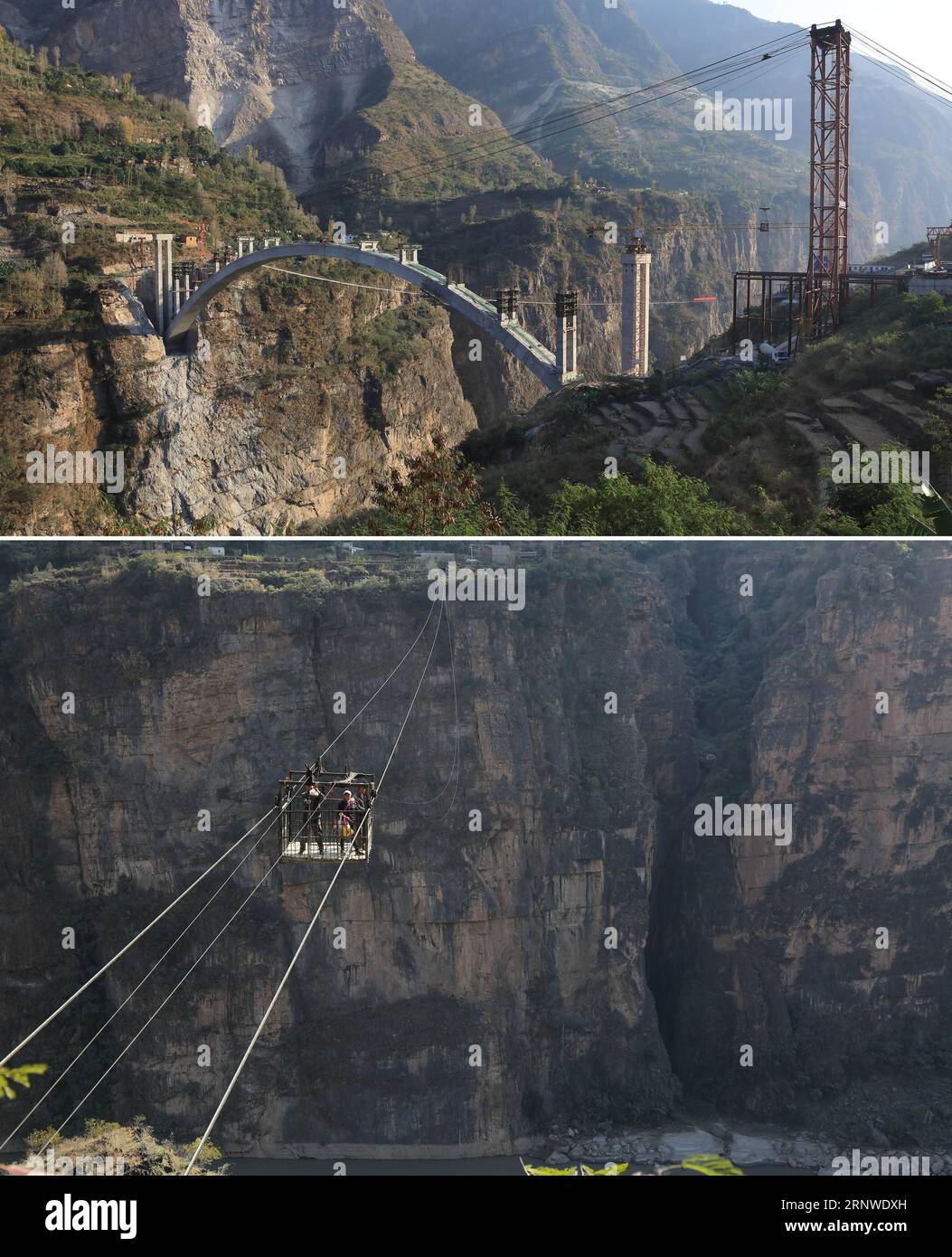 (171216) -- CHENGDU, 16 dicembre 2017 -- la foto combinata mostra il ponte in costruzione sul fiume Jinsha il 13 dicembre 2017 (in alto) e le persone che attraversano il fiume in zipline il 12 dicembre 2017 al Fengjiaping Village della contea di Butuo, nella provincia del Sichuan della Cina sud-occidentale. Il Sichuan sta costruendo ponti per sostituire traghetti e zipline. La provincia ha ridotto il numero di traghetti a 1.169 entro la fine del 2017 da 1.951 nel 2010 e quello delle zipline a soli tre dal 77). (Xzy) CINA-PROVINCIA DEL SICHUAN-PONTI-COSTRUZIONE (CN) JiangxHongjing PUBLICATIONxNOTxINxCHN Foto Stock