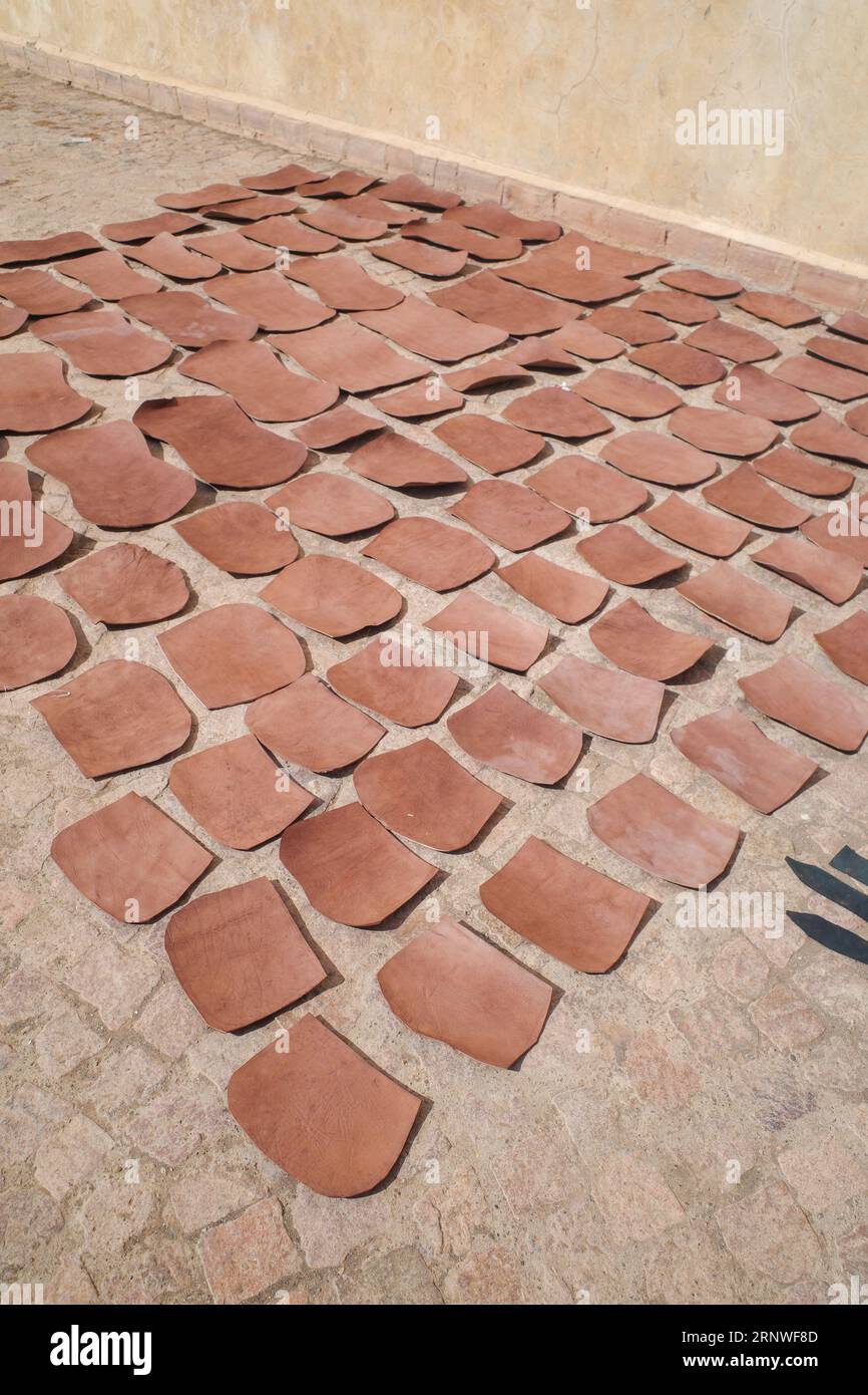 Marrakech, Marocco - 10 febbraio 2023: Pezzi di pelle conciata che si asciugano al sole in una strada nella Medina di Marrakech Foto Stock