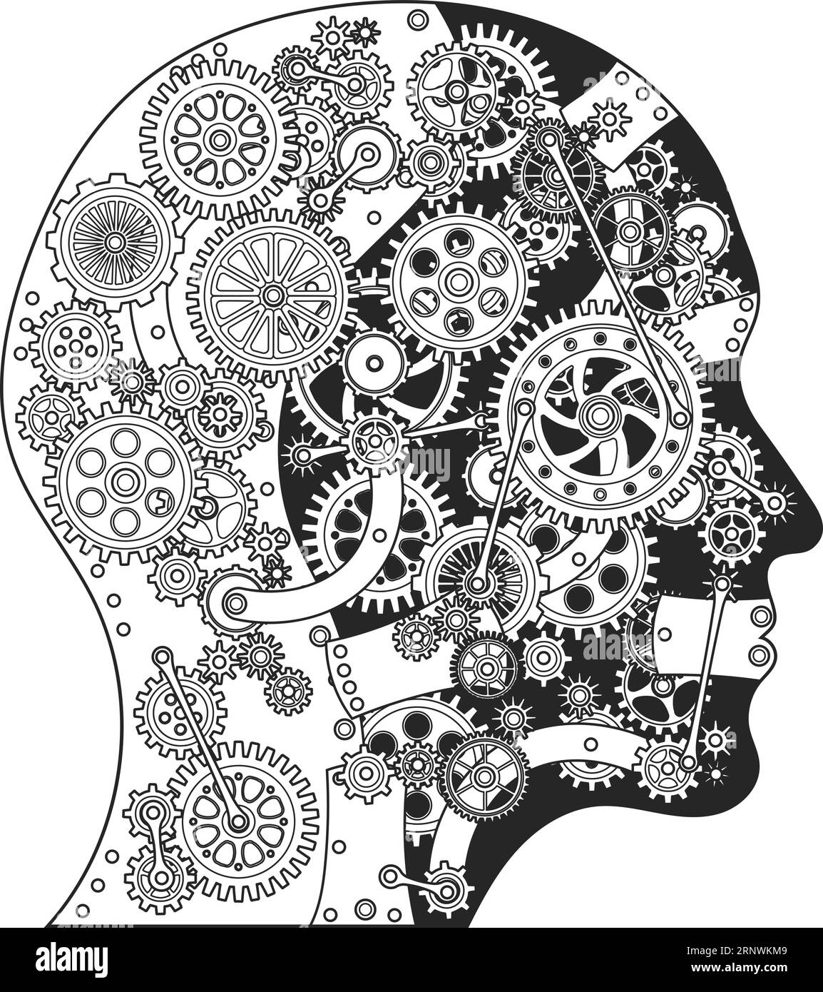 Silhouette della testa con ingranaggi e ruote dentate. Lavoro mentale Illustrazione Vettoriale