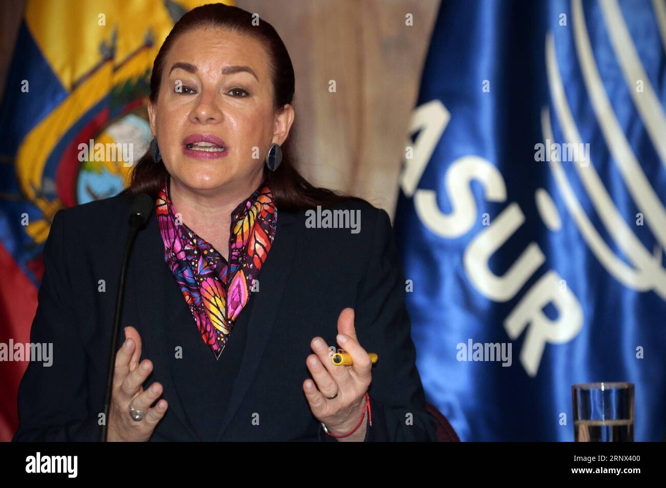 (180111) -- QUITO, 11 gennaio 2018 -- il ministro degli Esteri ecuadoriano Maria Fernanda Espinosa interviene durante una conferenza stampa a Quito, capitale dell'Ecuador, l'11 gennaio 2018. Il fondatore di WikiLeaks Julian Assange ha ottenuto la cittadinanza ecuadoriana, ha detto giovedì il ministro degli Esteri ecuadoriano Maria Fernanda Espinosa. ) ECUADOR-QUITO-WIKILEAKS FONDATORE-ASSANGE-CITIZENSHIP SANTIAGOXARMAS PUBLICATIONXNOTXINXCHN Foto Stock