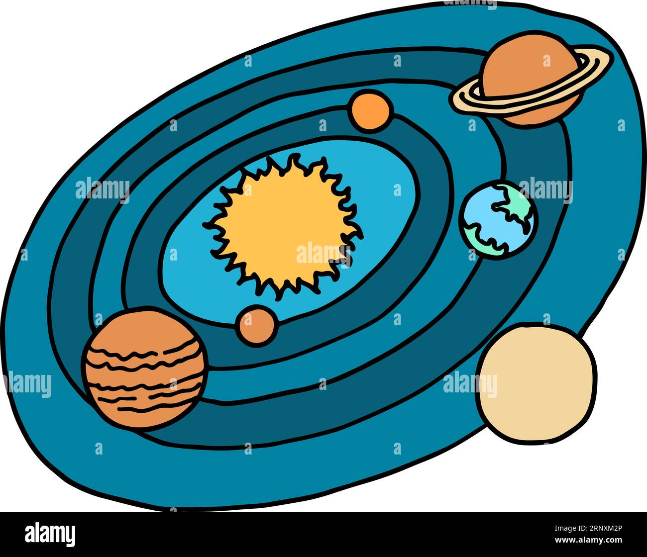 Icona del doodle a colori del sistema solare. Pianeti spaziali e sole Illustrazione Vettoriale