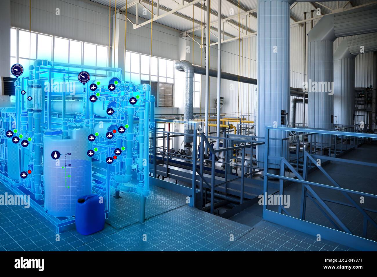 Digitalizzazione, interfaccia utente per il controllo dei processi. Diverse apparecchiature in produzione con sovrapposizione virtuale dello schermo Foto Stock