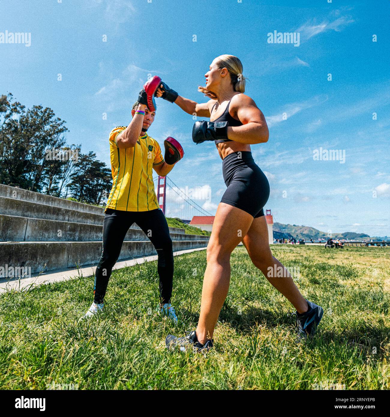 Bella giovane donna che pratica la MMA Boxing nel parco in una giornata di sole a San Francisco Foto Stock