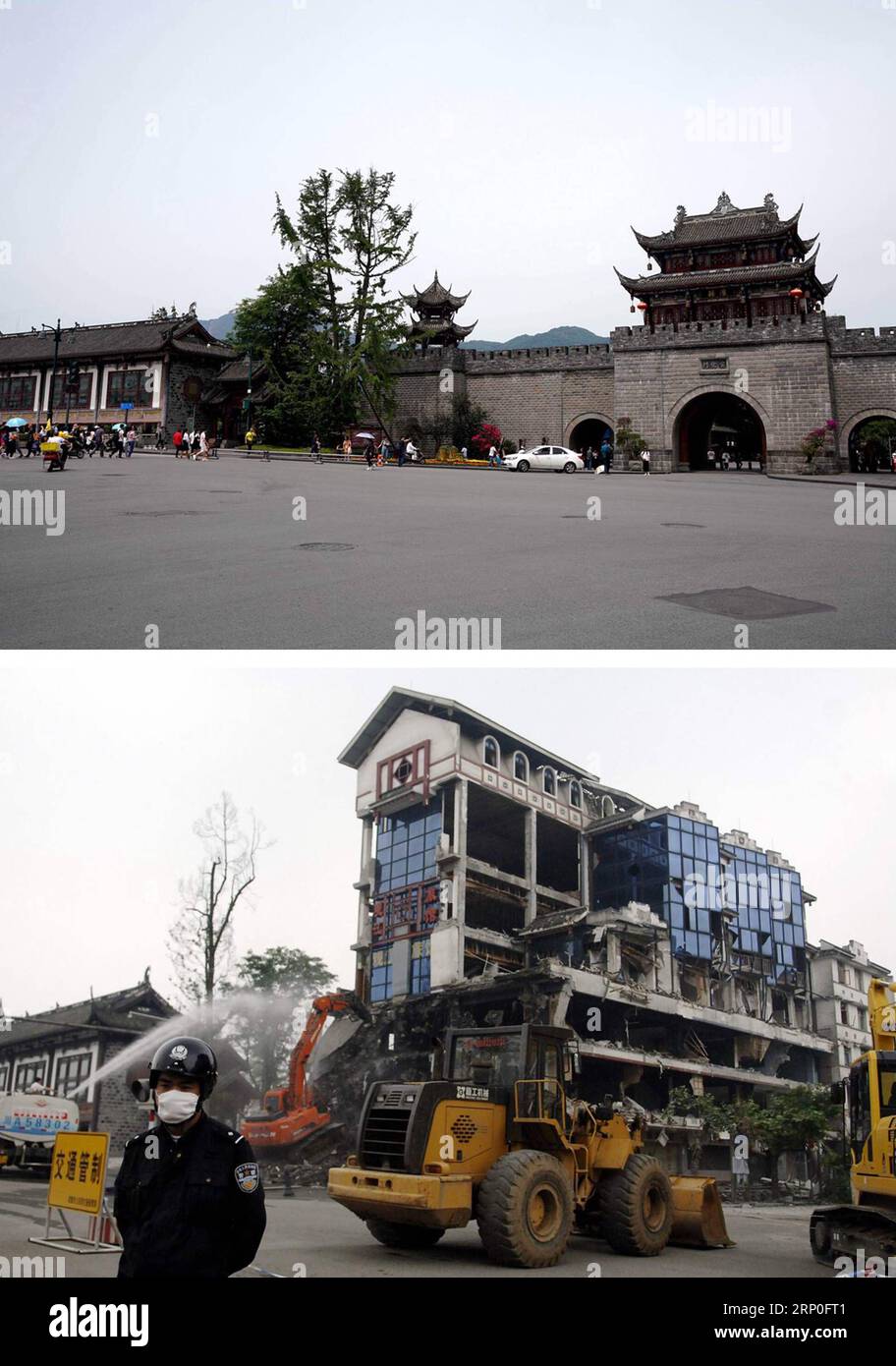 (180512) -- CHENGDU, 12 maggio 2018 -- la foto combinata mostra lo scenario della città di Dujiangyan, provincia del Sichuan della Cina sud-occidentale, 12 maggio 2018 (UP) e i lavoratori che smantellano un edificio colpito dal terremoto nel centro di Dujiangyan City il 23 maggio 2008. Un decennio fa, un devastante terremoto di magnitudo 8,0 ha scosso la provincia del Sichuan nel sud-ovest della Cina, rovinando gravemente molte contee come Wenchuan e Beichuan. Dopo dieci anni di ricostruzione e sviluppo, quelle aree colpite dal terremoto hanno ora assunto un nuovo aspetto.) (Sxk) CHINA-SICHUAN-EARTHQUAKE-DECADE-NEW LOOK (CN) XingxGuanglixandxLixJian PUBLICATIONxNOTx Foto Stock