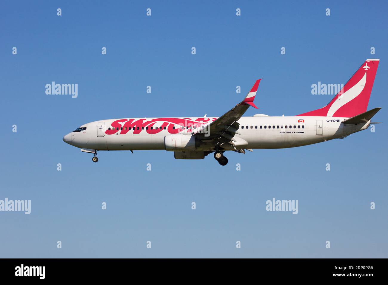 Swoop Airlines, Boing 737 Max, atterraggio all'aeroporto Pearson, Toronto, Runway 06L Foto Stock