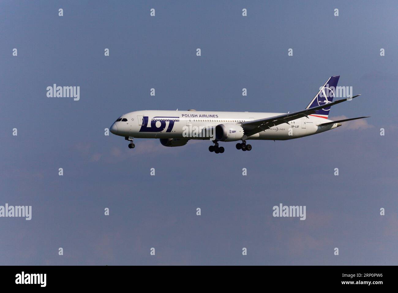 LOT Polish Airlines Dreamliner Landing presso l'aeroporto Pearson di Toronto, pista 06L Foto Stock