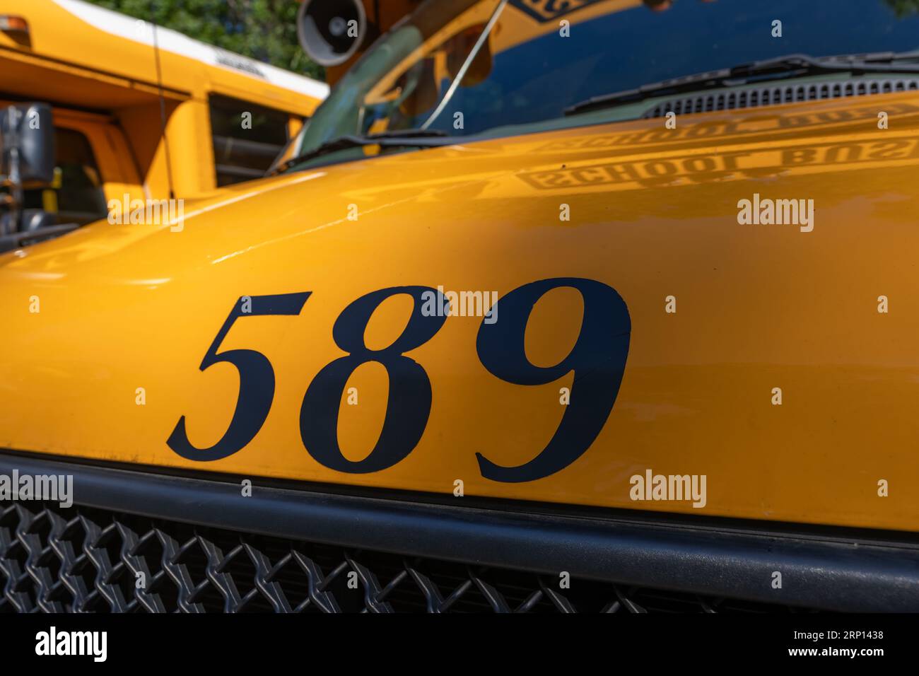 Davanti a uno scuolabus giallo parcheggiato numero 589 Foto Stock