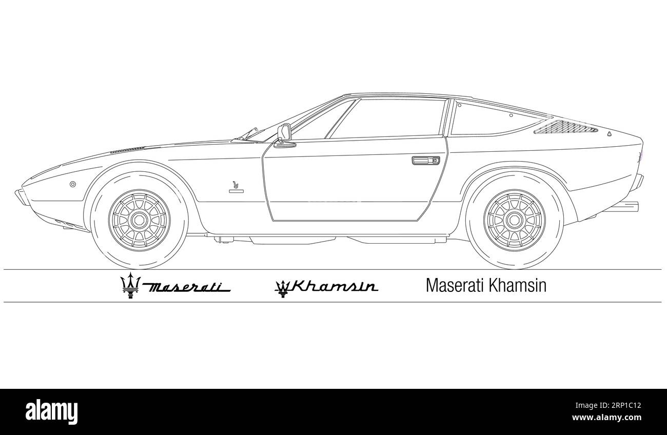 Modena, Italia, anno 1973, sagoma della Maserati Khamsin, auto d'epoca da collezione, illustrazione vettoriale Foto Stock