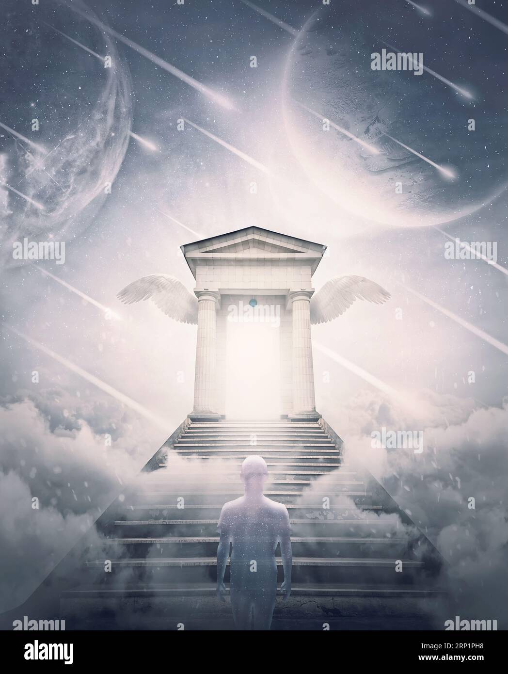 Anima umana che sale le scale verso le porte del paradiso. Viaggio astrale in paradiso, scena surreale e astratta con una porta misteriosa tra le nuvole Foto Stock