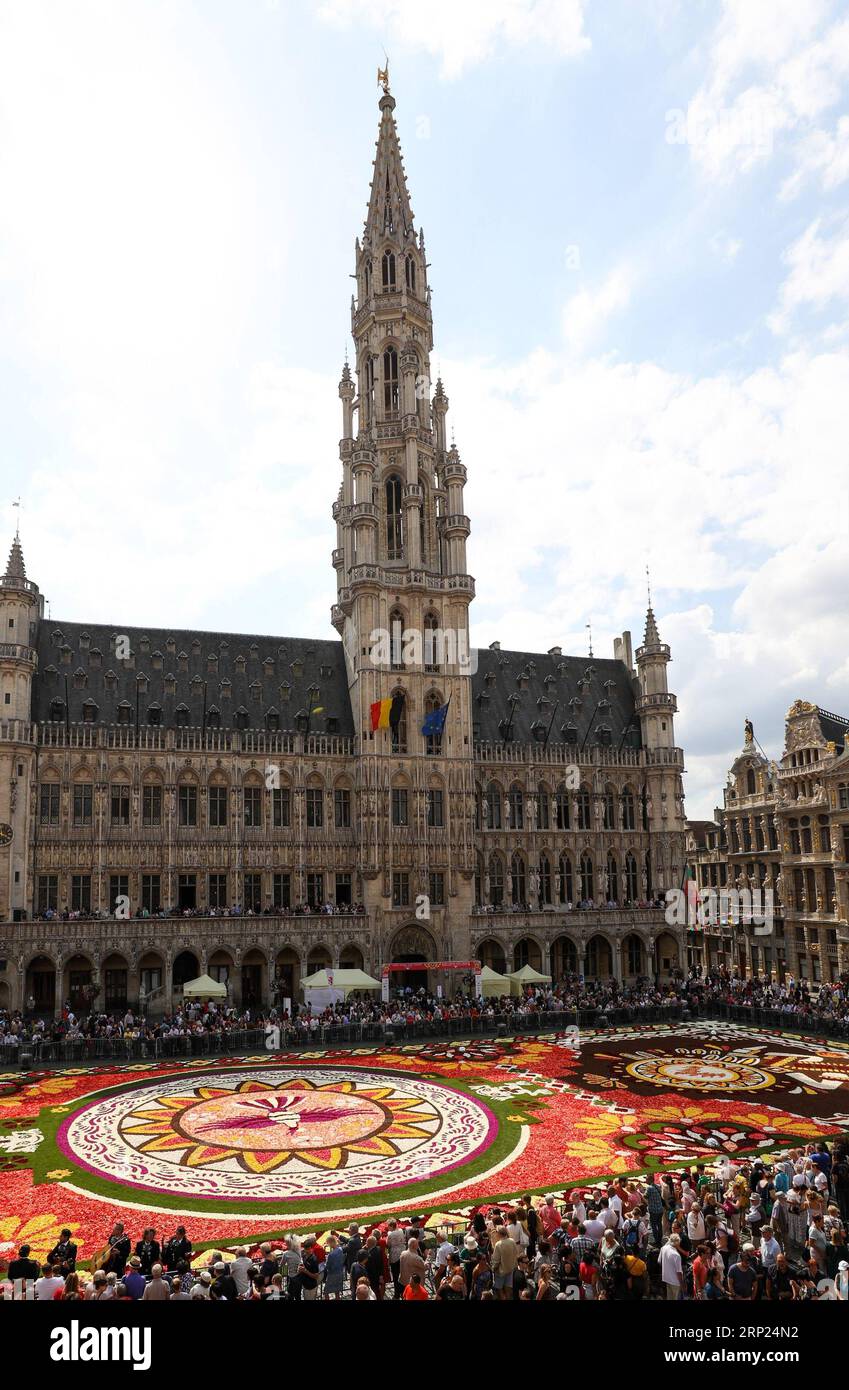 (180817) -- BRUXELLES, 17 agosto 2018 -- foto scattata il 17 agosto 2018 mostra il tappeto floreale al Grand Place di Bruxelles, Belgio. Il Flower Carpet 2018 si terrà presso la Grand Place di Bruxelles dal 16 al 19 agosto. Il tappeto di quest'anno è dedicato a Guanajuato, una regione messicana ricca di cultura e tradizione floreale. BELGIO-BRUSSELS-FLOWER CARPET 2018 ZhengxHuansong PUBLICATIONxNOTxINxCHN Foto Stock