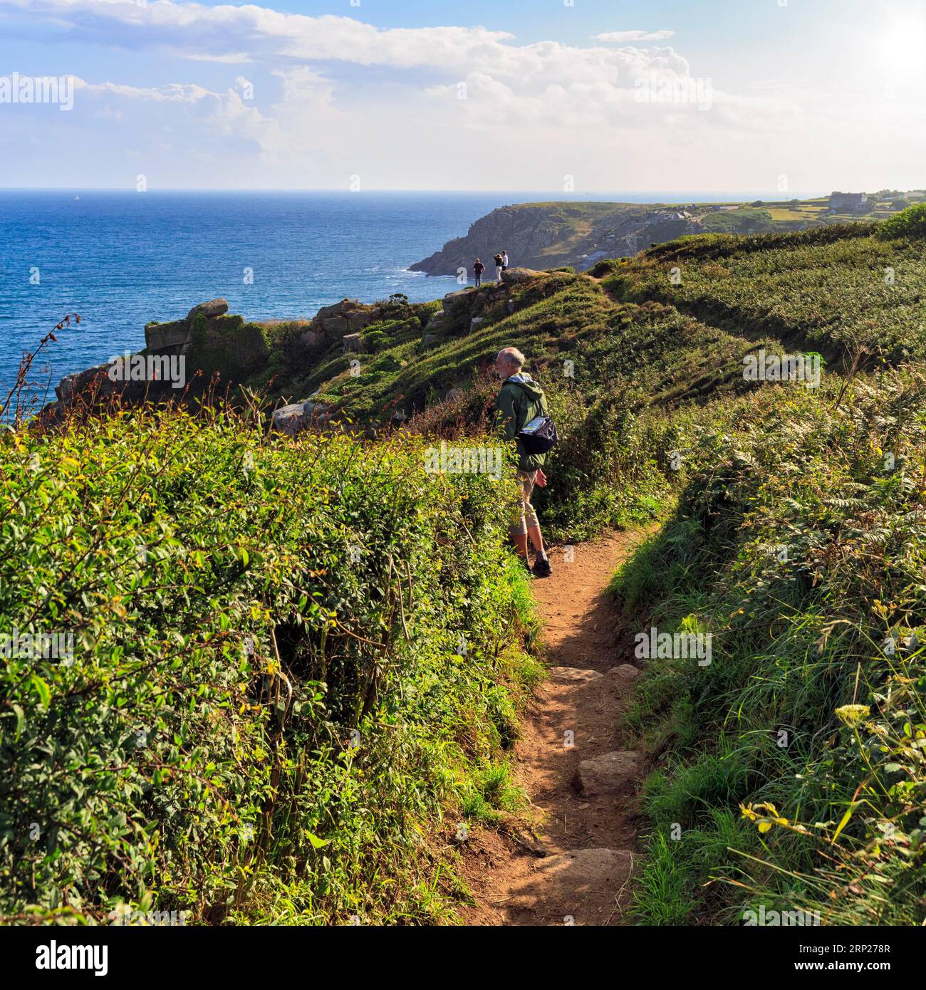 Lunga distanza a piedi, percorso della costa sud-occidentale, costa a Treen, St Levan, Penwith, Cornovaglia, Inghilterra, Regno Unito Foto Stock