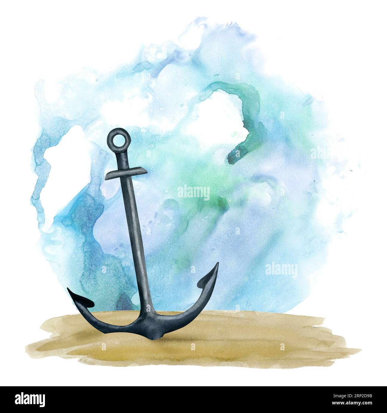 Ancora in acciaio nella sabbia del fondale marino circondata da un'illustrazione ad acquerello blu-verde. Clipart di naufragio nautico Foto Stock