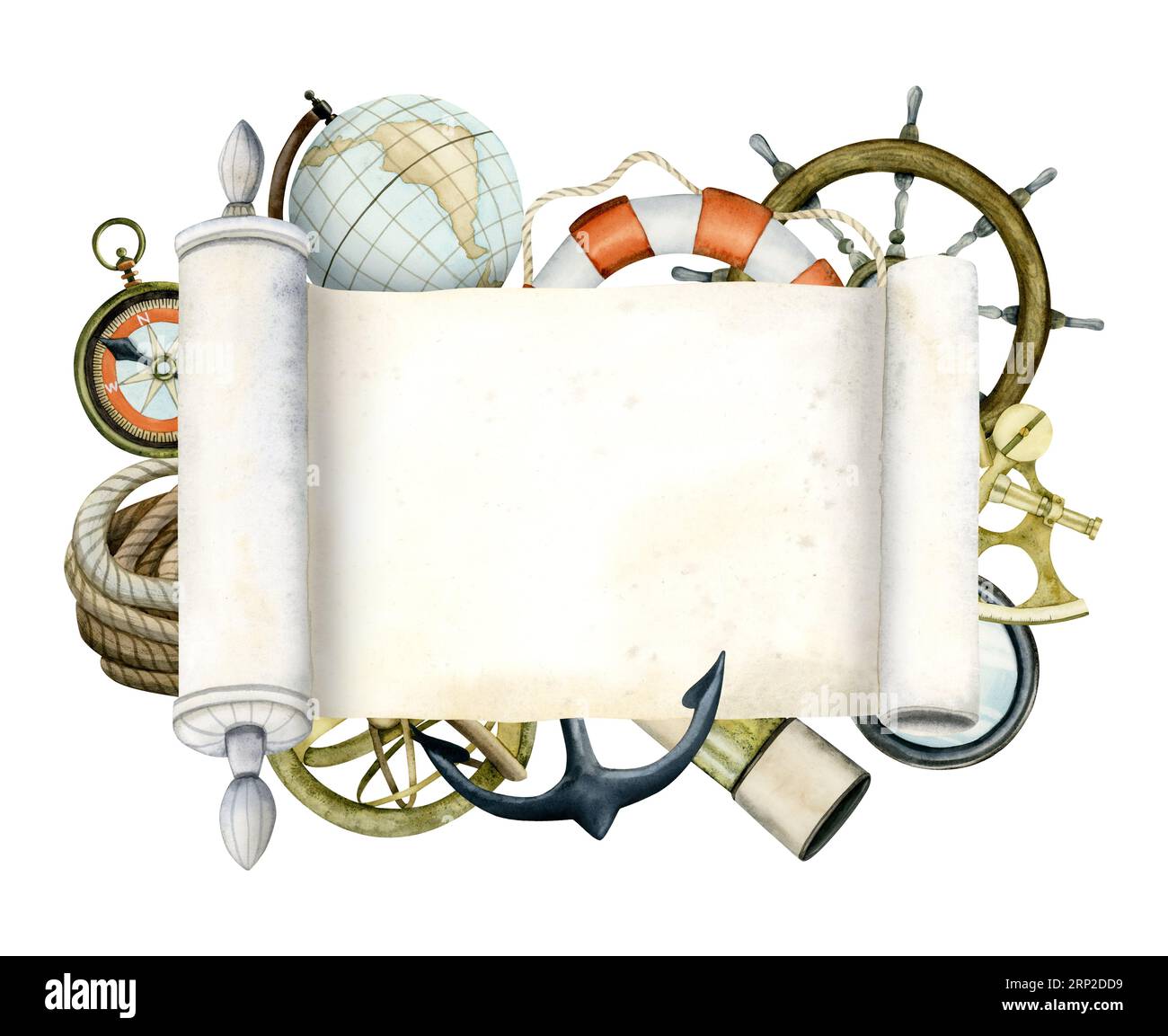 Strumenti di viaggio, navigazione e navigazione con illustrazione nautica ad acquerello a scorrimento cartaceo con vetro spia, bussola Foto Stock