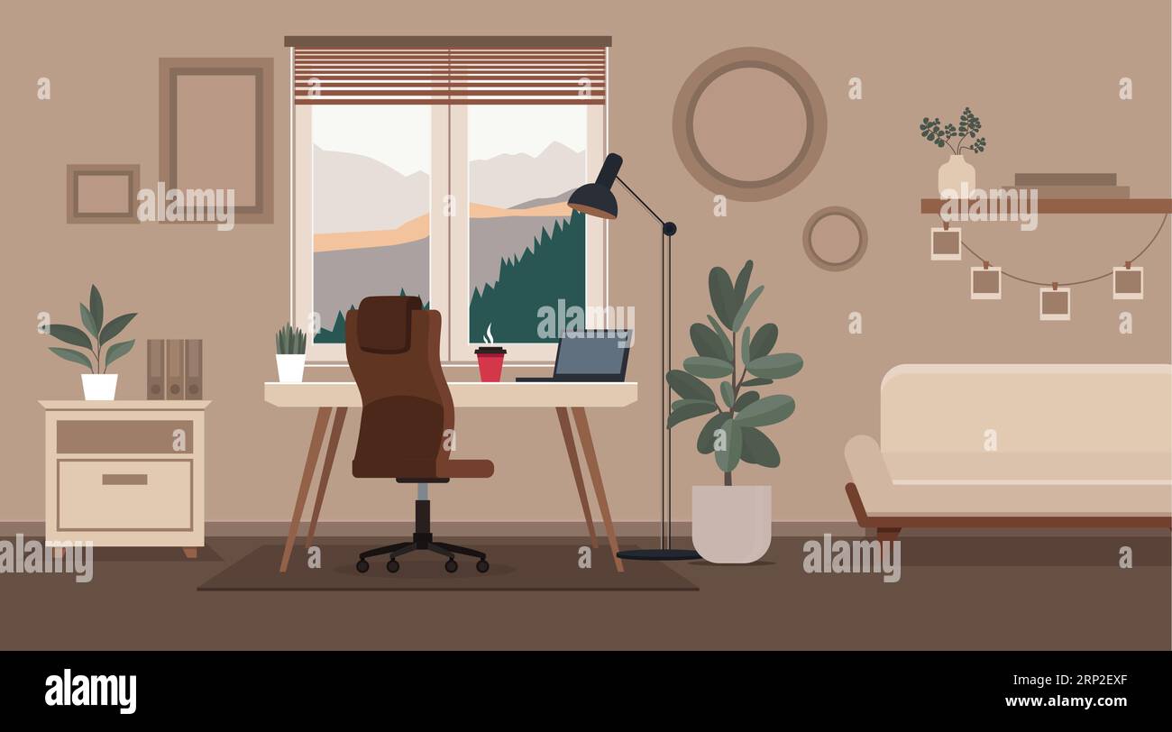 Ambiente di lavoro domestico accogliente. Nessuna illustrazione per l'ufficio domestico. Interni in stile loft, spazio di lavoro freelance. Camera in stile cartoni animati con tavolo, finestra, lampada e divano Illustrazione Vettoriale