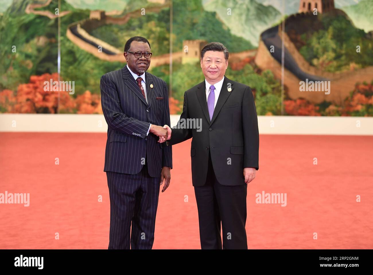 (180903) -- PECHINO, 3 settembre 2018 -- il presidente cinese Xi Jinping (R) dà il benvenuto al presidente namibiano Hage Geingob, che è qui per partecipare al vertice di Pechino del 2018 del Forum sulla cooperazione Cina-Africa (FOCAC), presso la grande sala del popolo di Pechino, capitale della Cina, 3 settembre 2018. )(mcg) CHINA-BEIJING-FOCAC-XI JINPING-WELCOME (CN) YanxYan PUBLICATIONxNOTxINxCHN Foto Stock