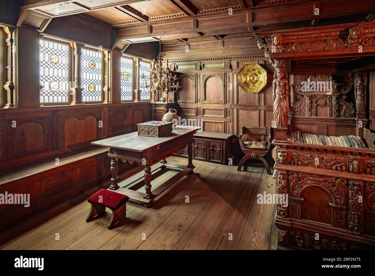 Interno della camera da letto borghese da Aalborg al Museo Nazionale della Danimarca - Copenaghen, Danimarca Foto Stock