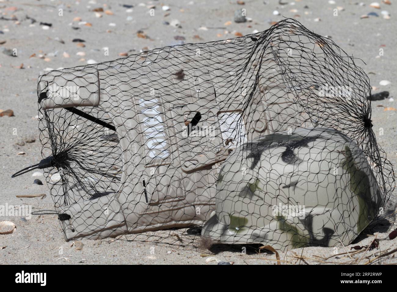 Rifiuti marini lavati sulla spiaggia, impatto umano sull'ecosistema marino, Minsener Oog, bassa Sassonia, Germania Foto Stock