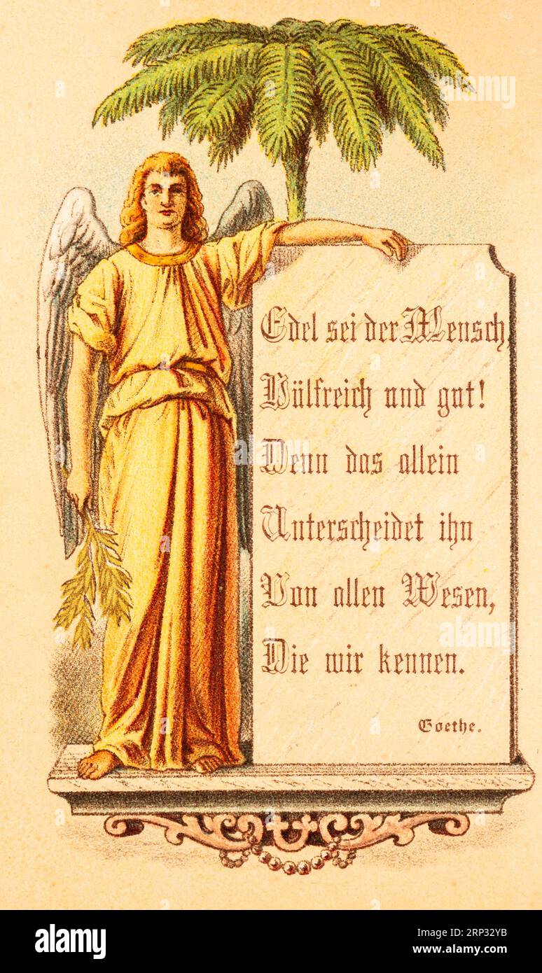 Parole di saggezza e conforto dalla bocca di un poeta, vita, saggezza, conforto, poeta, Goethe, angelo, in piedi, palmo, testo, umano, nobile, utile, buono Foto Stock