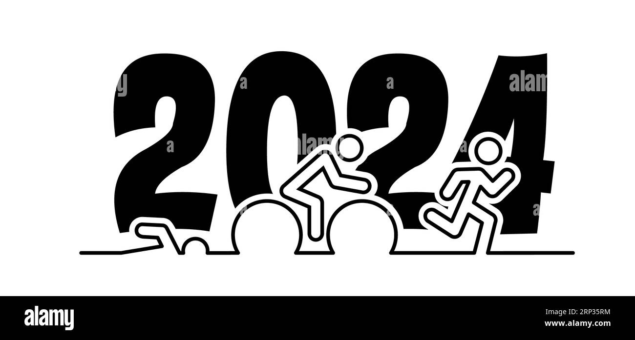 Auguri, buon anno 2024 e icona del triathlon. Percorso Triatlon. Sport per nuoto, ciclismo e corsa o corsa, bicicletta e nuoto pittogramma. Ve Foto Stock