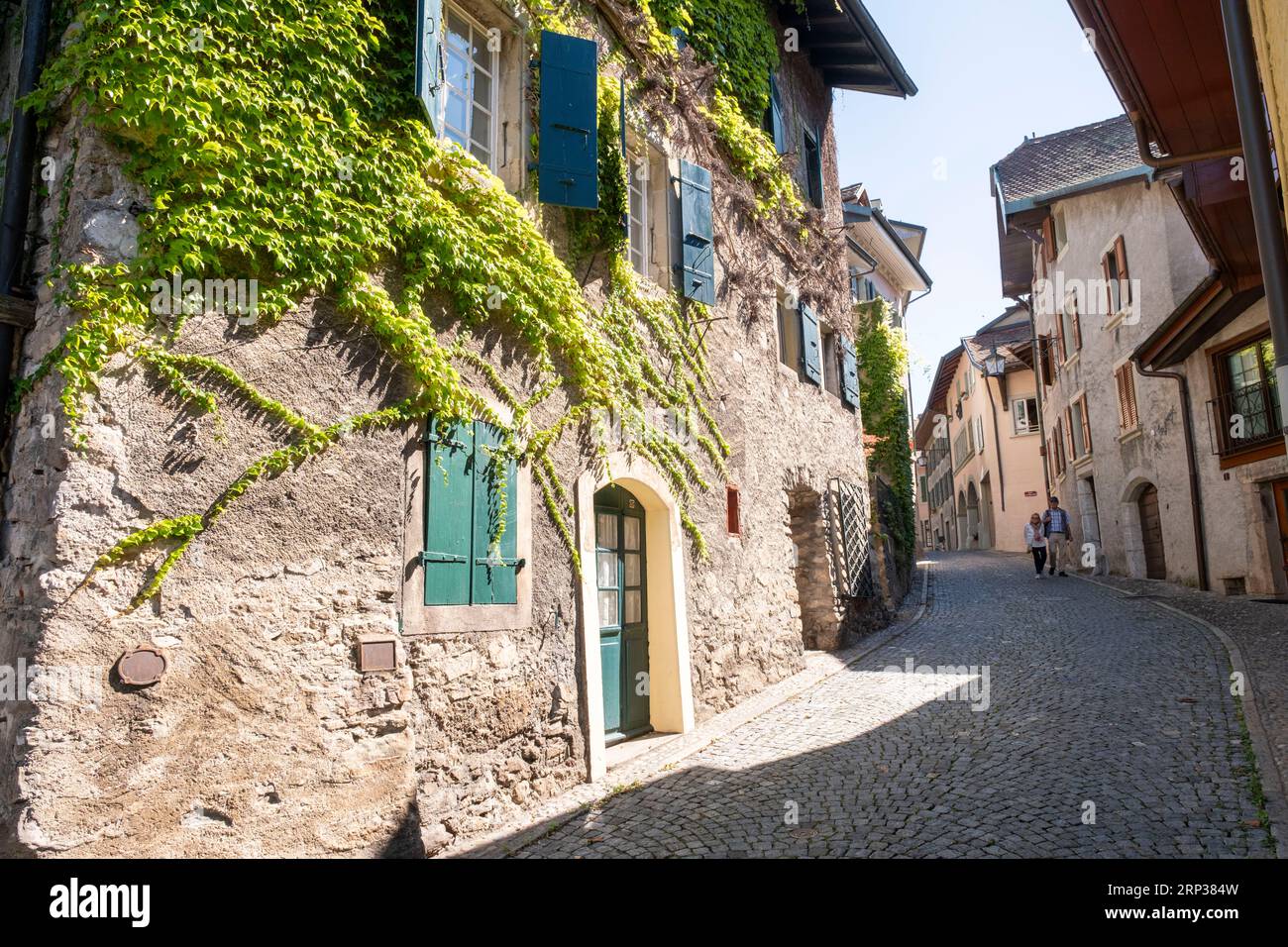 Pittoresco villaggio di Saint Saphorin, nella regione vinicola di Lavaux, Cantone di Vaud, Svizzera. Foto Stock