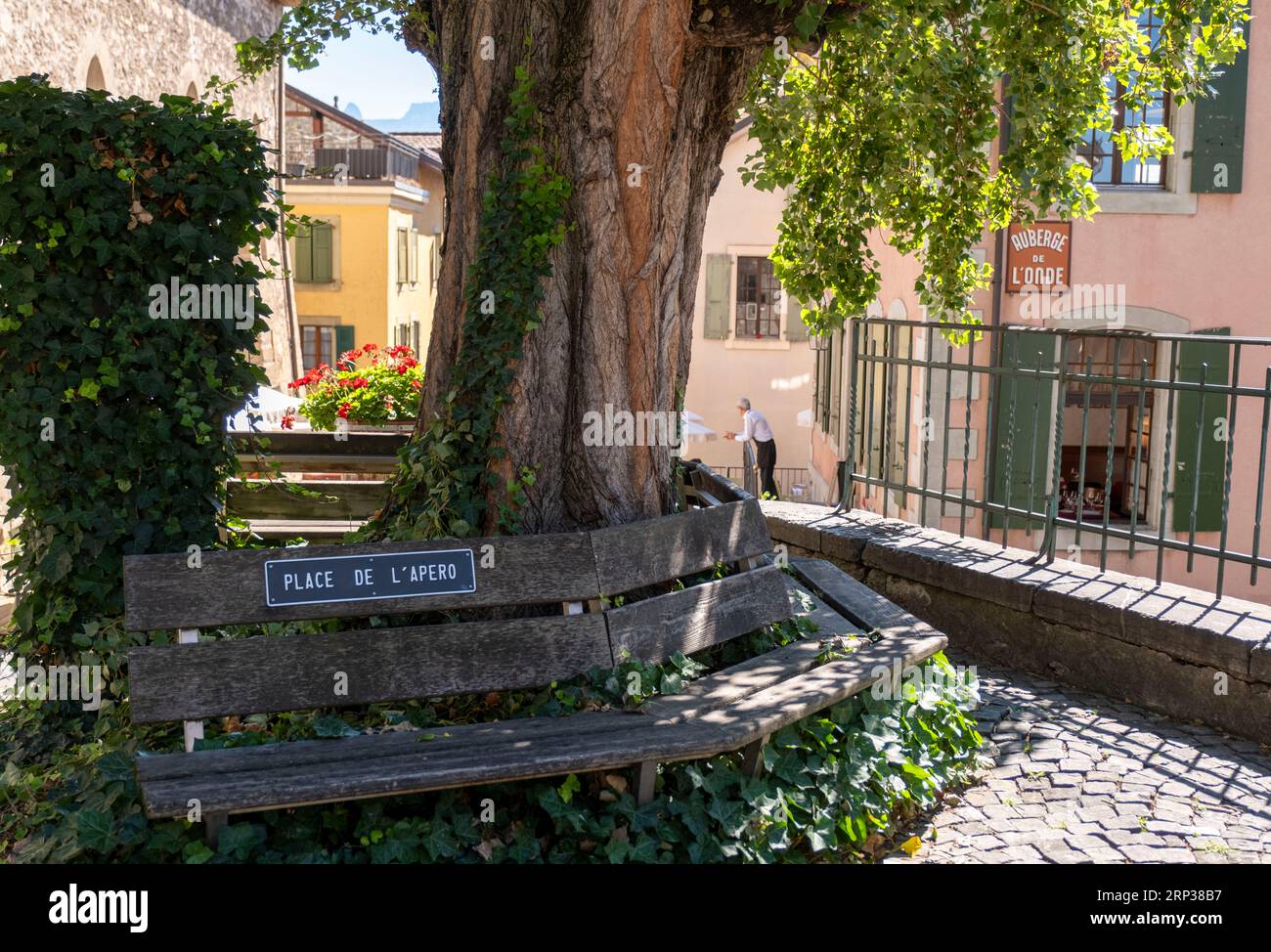 Cameriere all'esterno della Brasserie Auberge de l'onde, Saint Saphorin, nella regione vinicola di Lavaux, Cantone di Vaud, Svizzera. Foto Stock