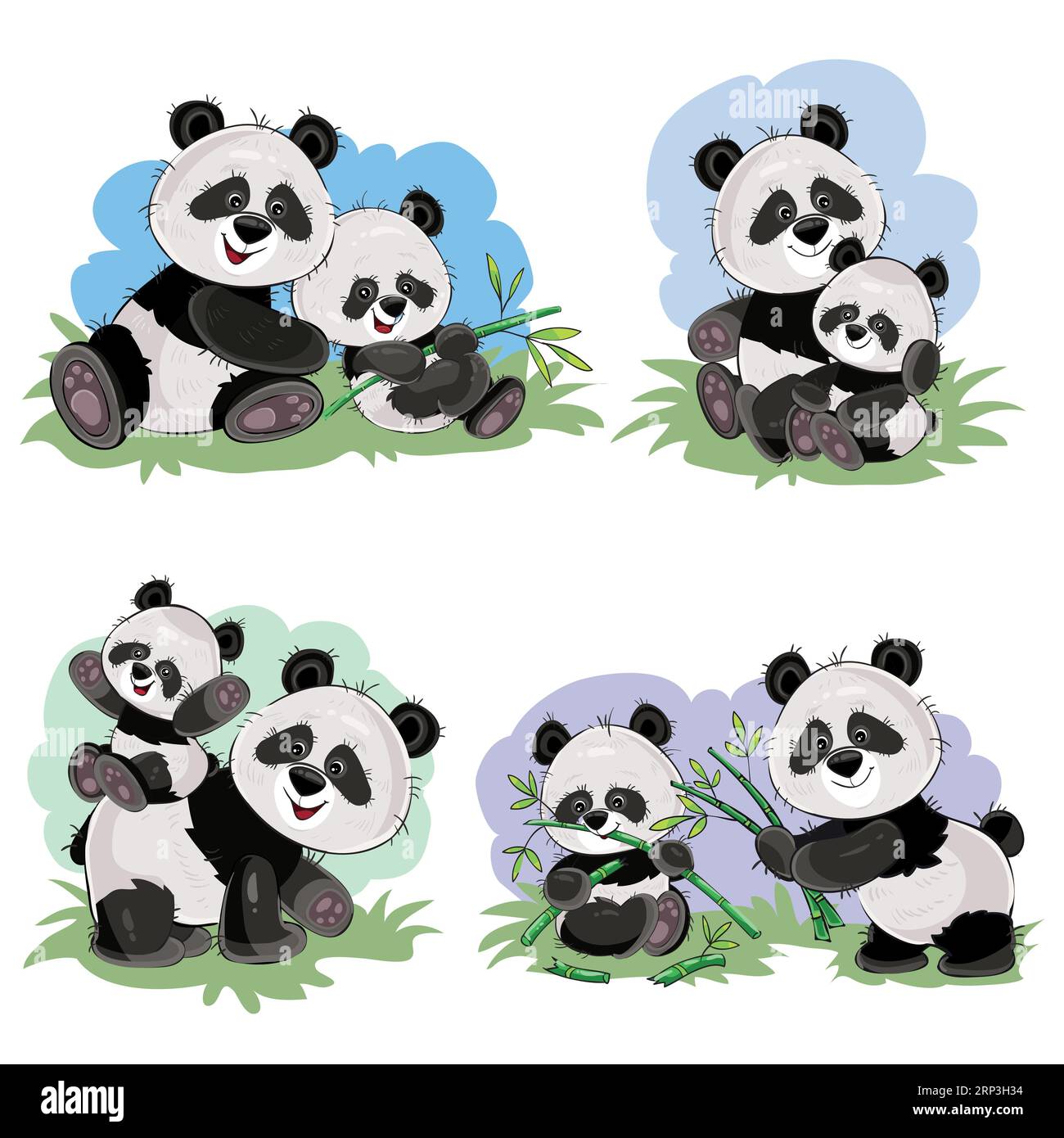 Simpatico orso panda e sua madre che giocano sull'erba, mangiano steli e foglie di bambù, illustrazioni di cartoni animati vettoriali. Animaletto selvaggio personaggi divertenti per ki Illustrazione Vettoriale