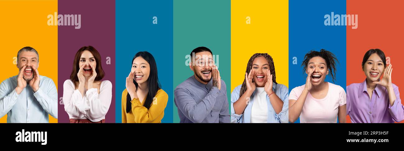 Persone emozionate che si tengono per mano accanto alla bocca, serie di foto Foto Stock