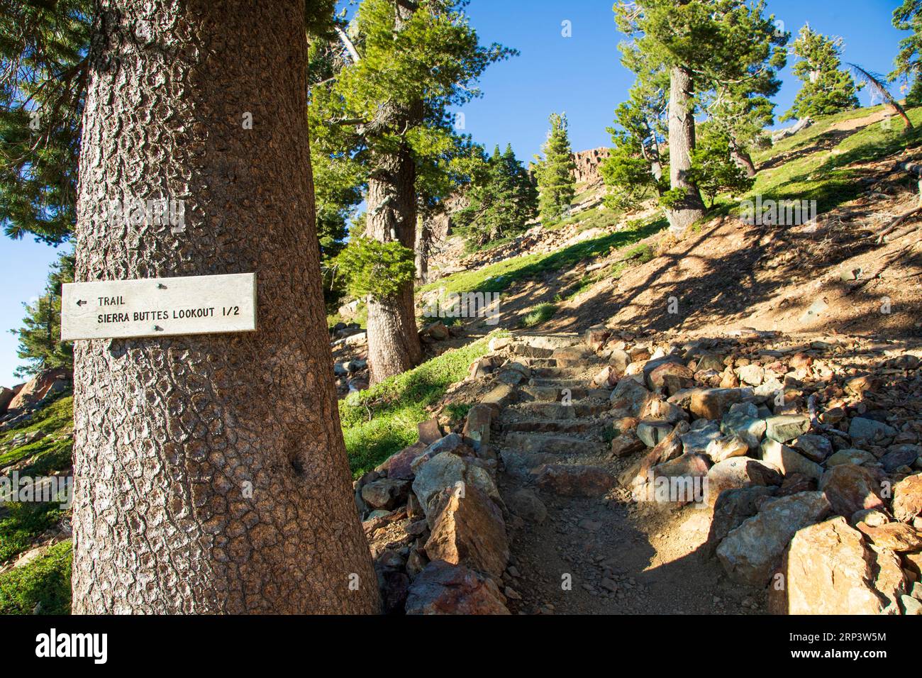 Segui le indicazioni per il Sierra Buttes Fire Lookout nella contea di Sierra California, Stati Uniti, consigliando agli escursionisti che ci sono ancora 1/2 chilometri circa. Foto Stock