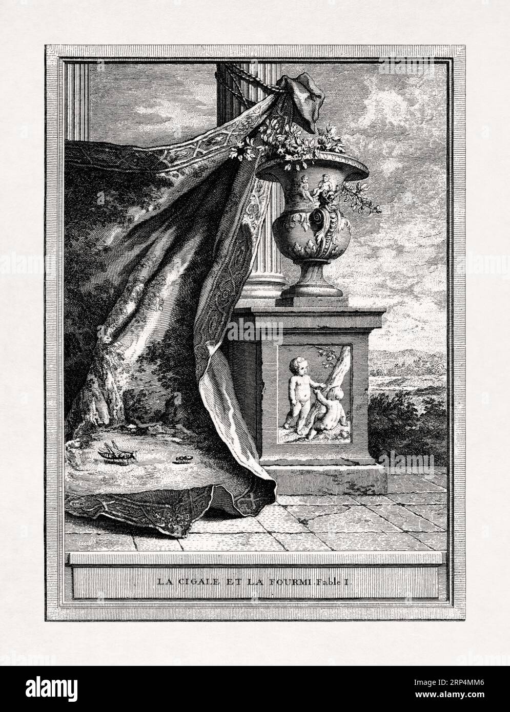 Illustrazione realizzata da Jean-Baptiste Oudry nel 1755 per le Favole di la Fontaine, la formica e il cavallino. Foto Stock