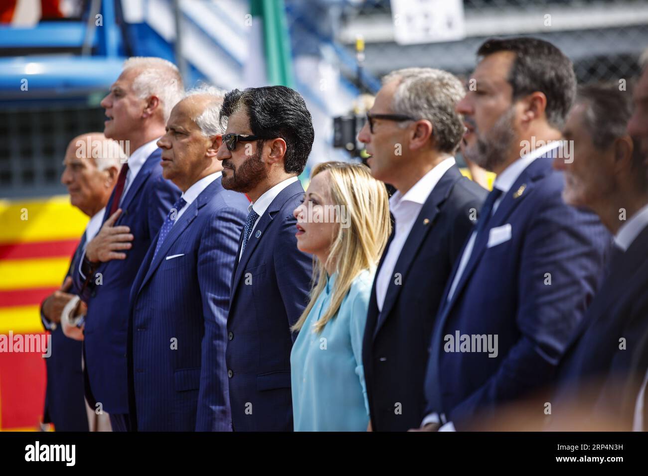 BEN SULAYEM Mohammed (emirati arabi uniti), Presidente della FIA, ritratto con il primo ministro italiano Meloni Giorgia e DOMENICALI Stefano (ita), Presidente e CEO del gruppo Formula 1 FOG durante il Gran Premio Pirelli 2023 dâ&#x80;&#x99;Gran Premio Italia, 14° appuntamento del Campionato del mondo di Formula 1 2023 dal 1° al 3 settembre 2023 sull'autodromo Nazionale di Monza, a Monza, Italia Foto Stock