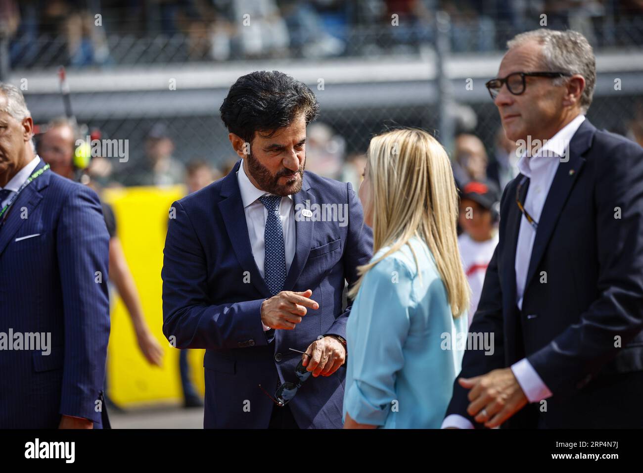 BEN SULAYEM Mohammed (emirati arabi uniti), Presidente della FIA, ritratto con il primo ministro italiano Meloni Giorgia e DOMENICALI Stefano (ita), Presidente e CEO del gruppo Formula 1 FOG durante il Gran Premio Pirelli 2023 dâ&#x80;&#x99;Gran Premio Italia, 14° appuntamento del Campionato del mondo di Formula 1 2023 dal 1° al 3 settembre 2023 sull'autodromo Nazionale di Monza, a Monza, Italia Foto Stock