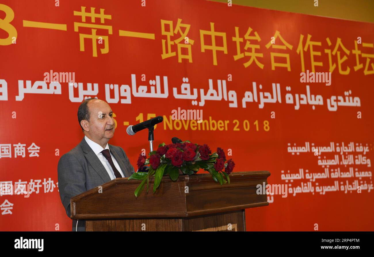 (181115) -- CAIRO, 15 novembre 2018 -- IL ministro egiziano del commercio e dell'industria Amr Nassar parla durante il Forum di cooperazione Cina-Egitto Belt and Road al Cairo, in Egitto, il 15 novembre 2018. Il secondo Expo commerciale e degli investimenti Egitto-Cina e il Forum di cooperazione Cina-Egitto Belt and Road, hanno avuto inizio giovedì al Cairo. ) EGITTO-CAIRO-CINA-EXPO PER INVESTIMENTI E SCAMBI COMMERCIALI WUXHUIWO PUBLICATIONXNOTXINXCHN Foto Stock