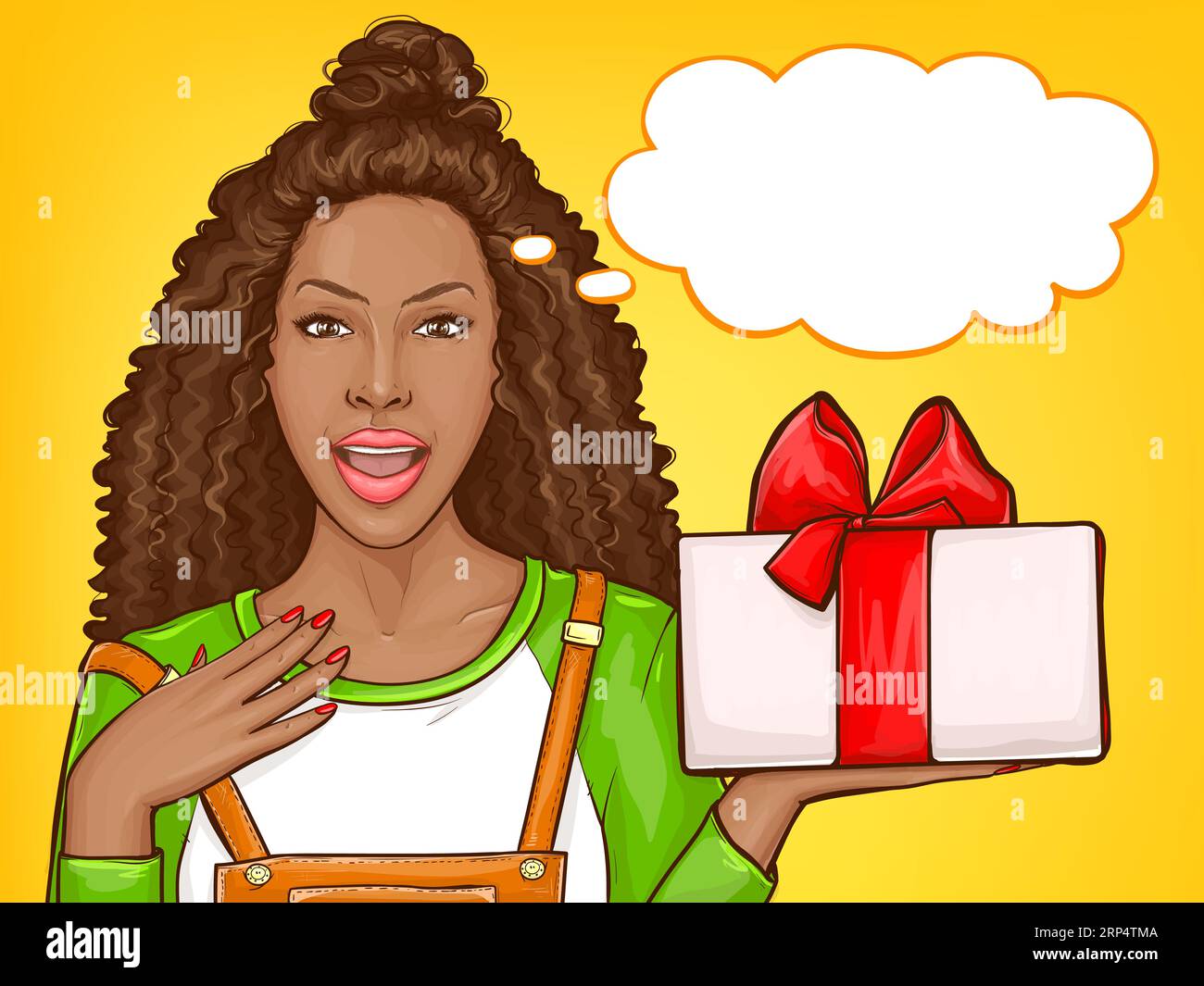 Donna afroamericana con gratitudine che riceve un regalo per le vacanze. Sorpresa ragazza nera con capelli afro, porta regali con fiocco rosso. Illustratore di pop art vettoriale Illustrazione Vettoriale
