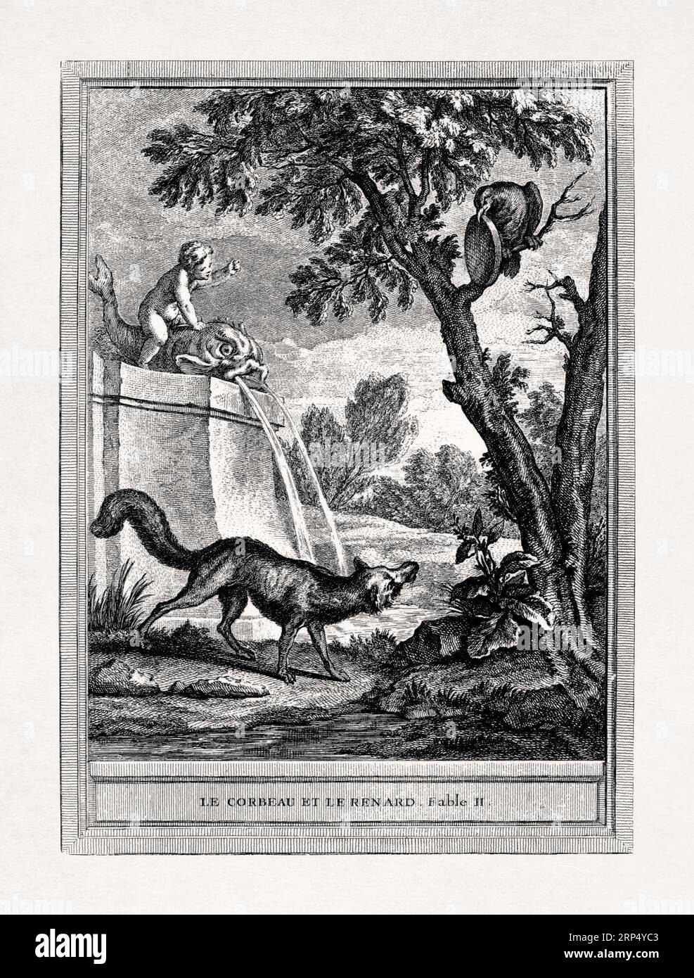 Illustrazione fatta da Jean-Baptiste Oudry nel 1755 per le Favole di la Fontaine chiamate la volpe e il corvo. Foto Stock