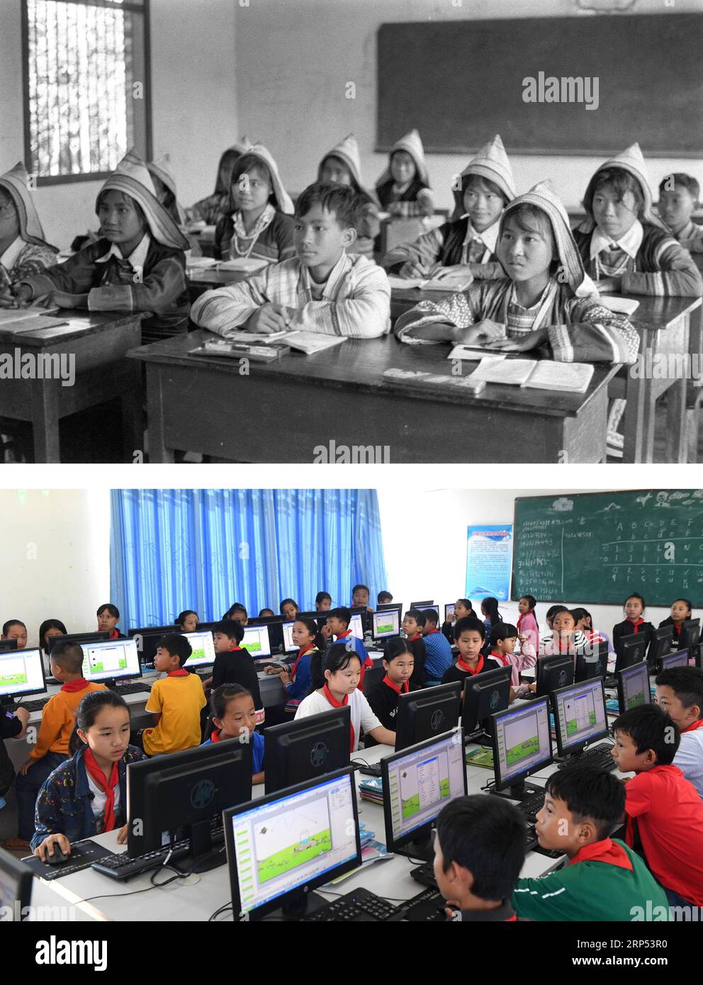 (181126) -- KUNMING, 26 novembre 2018 () -- questa foto combinata mostra gli studenti di Jino che frequentano una lezione sul monte Jino nel 1984 (sopra, foto del file); e studenti che prendono una lezione di computer alla scuola elementare etnica di Jino etnica Township sul monte Jino, 20 novembre 2018 (sotto, foto di Lin Yiguang). Con una popolazione leggermente superiore ai 000 abitanti, il popolo Jino era stato ufficialmente riconosciuto solo nel 1979 come un gruppo etnico indipendente della Cina. Fino al 1949, la maggior parte di loro aveva vissuto per generazioni in tribù primitive di montagna nella provincia dello Yunnan della Cina sud-occidentale. Negli ultimi quattro decenni da quando emb Foto Stock