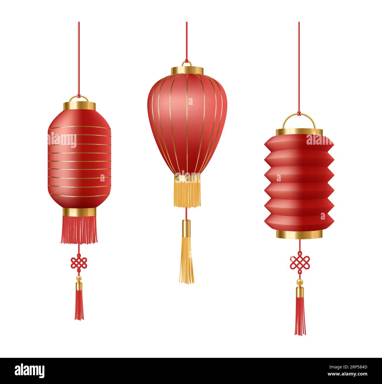 Lanterne cinesi di carta rossa. Set di decorazioni per Capodanno cinese.  Realistiche lanterne leggere di carta rossa tradizionali orientali appese a  corde con nappine su vetro Immagine e Vettoriale - Alamy
