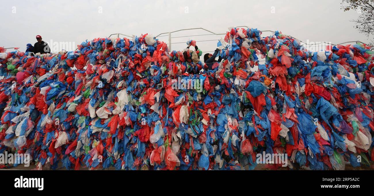 (181205) -- KATHMANDU, 5 dicembre 2018 -- le persone legano sacchetti di plastica per fare la mappa del Mar morto per sfidare un record mondiale per la più grande scultura fatta di sacchetti di plastica a Kathmandu, Nepal, 5 dicembre 2018. Bambini delle scuole, volontari di varie organizzazioni si sono riuniti per fare la mappa del Mar morto con circa 100.000 sacchetti di plastica per chiedere la riduzione dell'uso di sacchetti di plastica. )(mp) NEPAL-KATHMANDU-ENVIRONMENT-PLASTIC BAGS-RECORD sunilxsharma PUBLICATIONxNOTxINxCHN Foto Stock