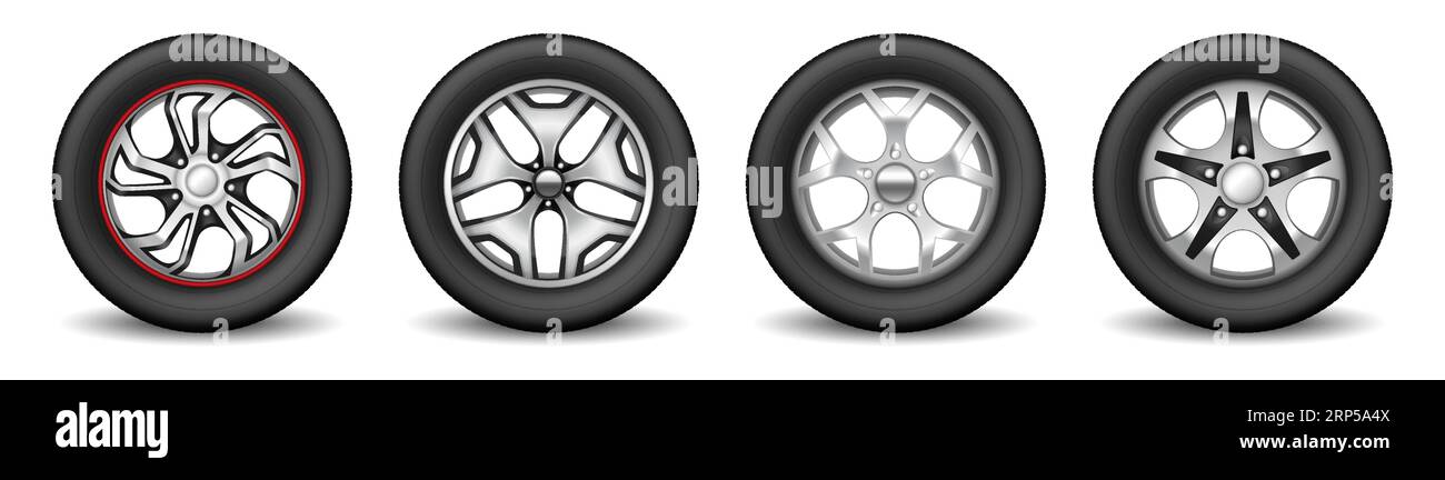 Set di cerchi per auto con pneumatici in gomma e moderni dischi cromati per  la protezione delle ruote del veicolo. Concetto di attrezzatura per la  manutenzione della vulcanizzazione. illustrazione vettoriale 3d Immagine