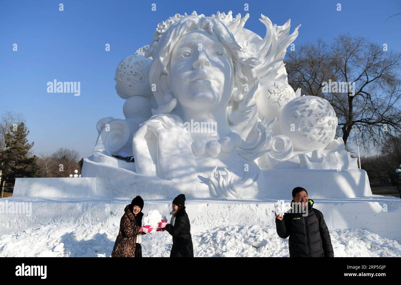 (181214) -- HARBIN, 14 dicembre 2018 -- i turisti si pongono per una foto davanti a una scultura incompiuta della neve prima della 31a esposizione Internazionale di Scultura della neve di Harbin Sun Island a Harbin, capitale della provincia di Heilongjiang della Cina nord-orientale, 14 dicembre 2018. ) (ly) CHINA-HEILONGJIANG-HARBIN-SNOW SCULPTURES-EXPO (CN) WangxJianwei PUBLICATIONxNOTxINxCHN Foto Stock